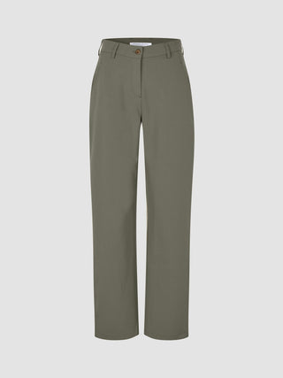 Essential Pants Straight Dark Olive – Hose mit hoher Taille, Knopfverschluss und Seitentaschen.