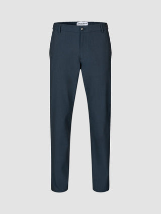 Essential-Hose in lockerer Passform, marineblau meliert, mit Knopfverschluss und elastischem Bund.