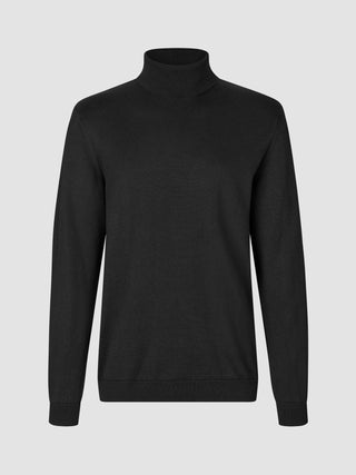 Alltagstauglicher schwarzer Rollkragenpullover aus Strick im skandinavischen Design.