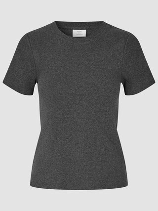 Ein Damen-T-Shirt mit Rippbündchen in Dunkelgrau-Melange von Shaping New Tomorrow, das sich durch ein minimalistisches skandinavisches Design auszeichnet.