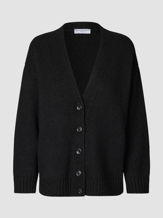 Dicke, weiche Wollstrickjacke für Damen in Schwarz mit V-Ausschnitt, Knopfleiste vorne und grober Strickstruktur.