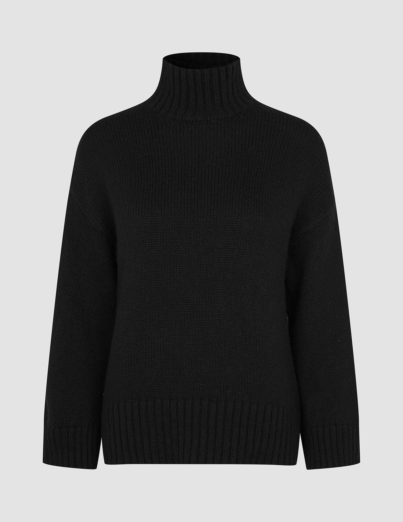 Damen-Rollkragenpullover aus dicker, weicher Wolle – schwarzer Merinowollpullover mit gerippten Bündchen und Saum.