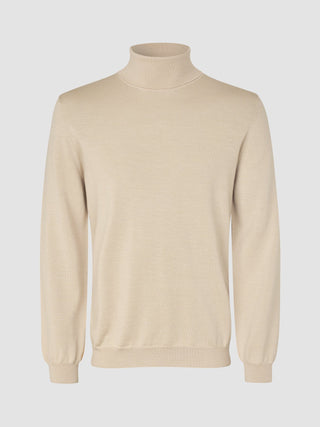Nahtloser Premium-Merino-Strick-Rollkragenpullover „Birchwood“ in Beige.