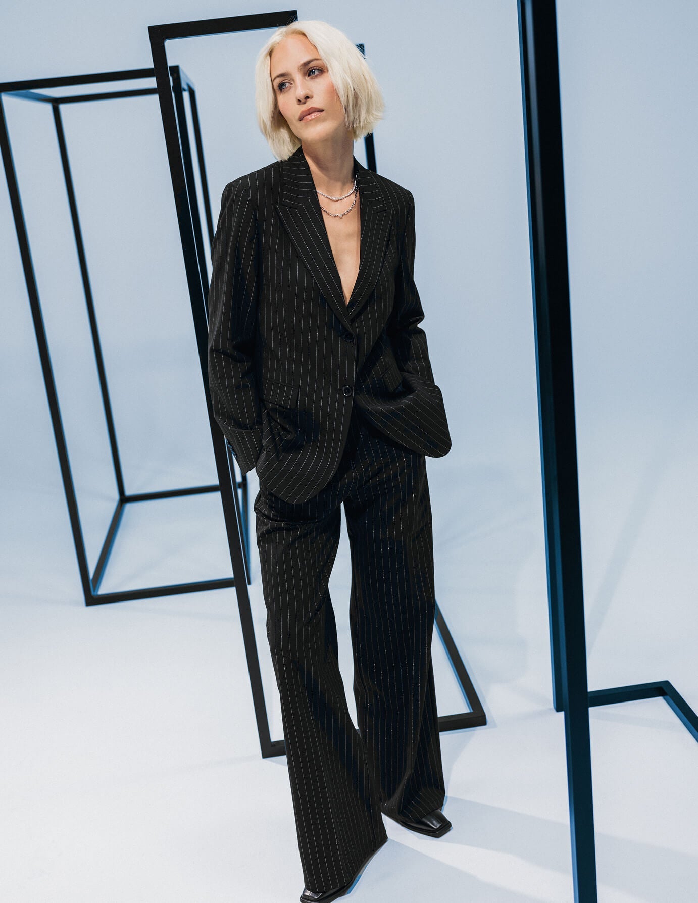 Essential Pants Wide Black Silver Pinstripe