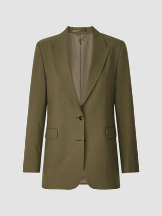 Essential Suit Straight – Einreihiger Blazer in Dunkeloliv im klassischen skandinavischen Design mit spitz zulaufendem Revers und zwei Seitentaschen.