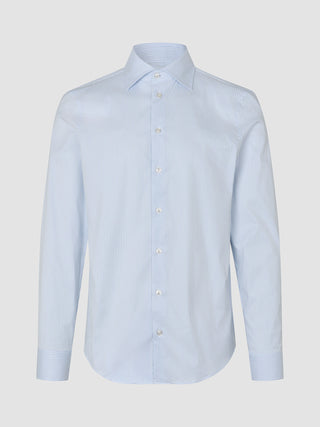Elevated Shirt Slim Classic – Blau gestreiftes Button-Down-Hemd aus hochwertiger Pima-Baumwolle mit hellblau-weißem vertikalem Streifenmuster und Spread-Kragen.