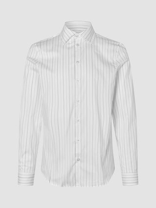 Elevated Shirt Slim – Hellgrau gestreift: Langärmliges Hemd in Slim-Fit-Passform aus Pima-Baumwolle mit hellgrauen vertikalen Nadelstreifen.