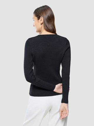 Women Fine Knit Rib Long Sleeve Black