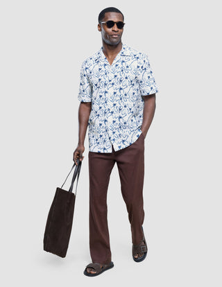 Seersucker Short Sleeve Shirt Navy Palms
