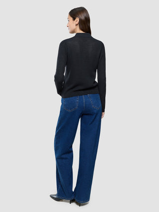 Women Structured Polo Long Sleeve Black