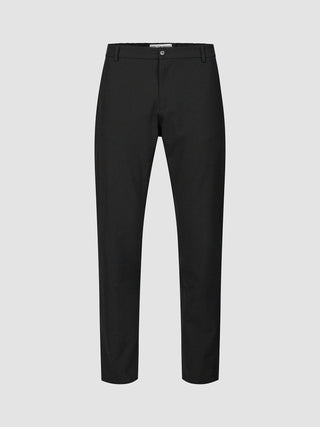 Schwarze, elastische Leinenhose von Armedangels mit Knopfleiste und elastischem Bund.