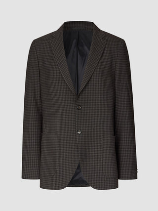 Zeitloser, schmal geschnittener Wollblazer in Dunkelbraun mit Karomuster: dunkelbrauner, schmal geschnittener Blazer mit Zweiknopfverschluss, fallendem Revers und dezentem Hahnentrittmuster.