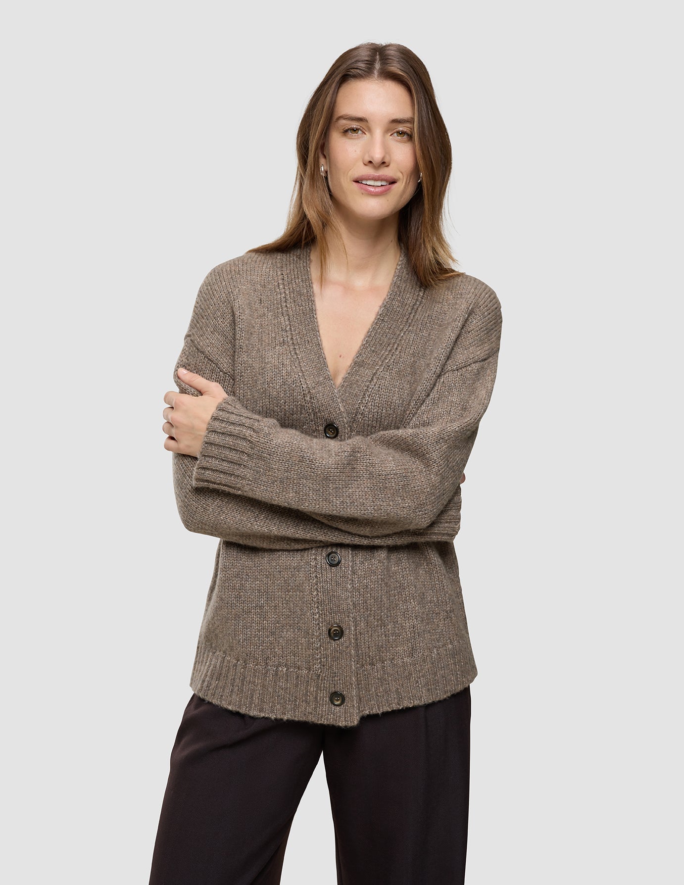 Women's Chunky Soft Wool Knit Cardigan Taupe Melange