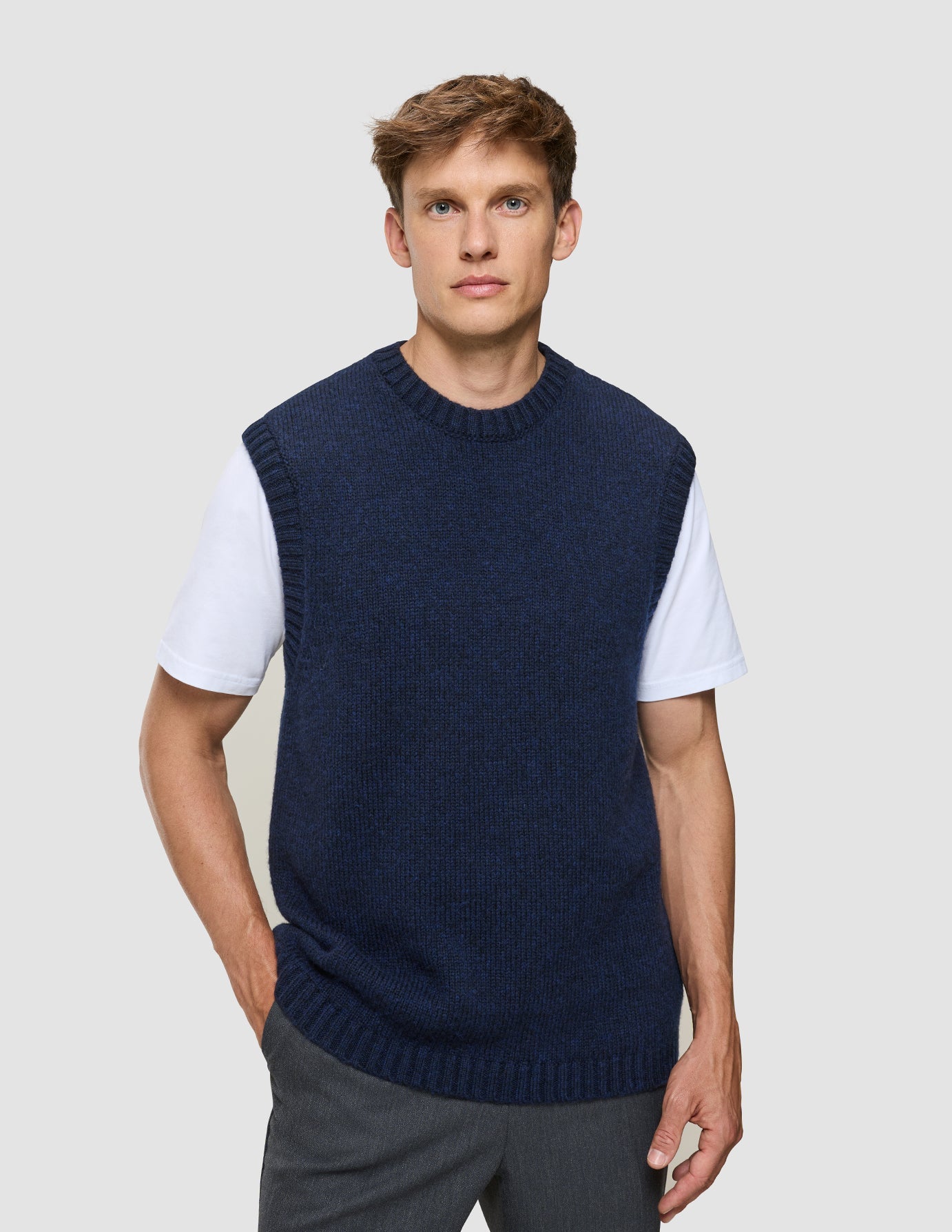 Chunky Soft Wool Knit Vest Dark Navy Melange