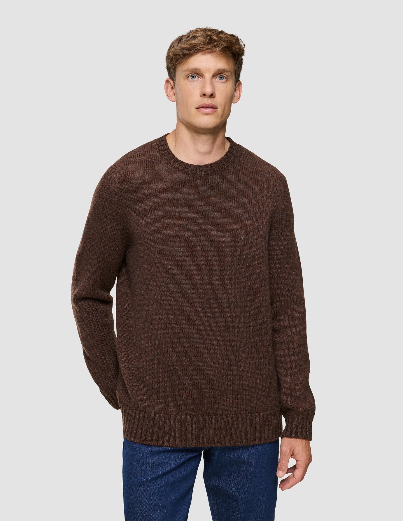 Chunky Soft Wool Knit Crewneck Saddle Brown Melange