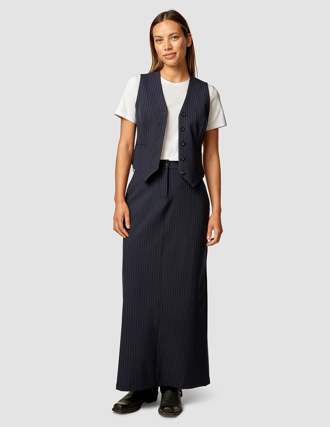 Essential Set Navy Pinstripe Short Vest & Maxi Skirt