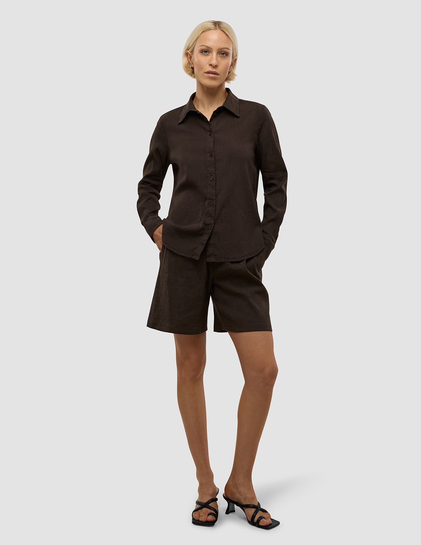 Linen Set Espresso Long Sleeved Shirt & Relaxed Shorts