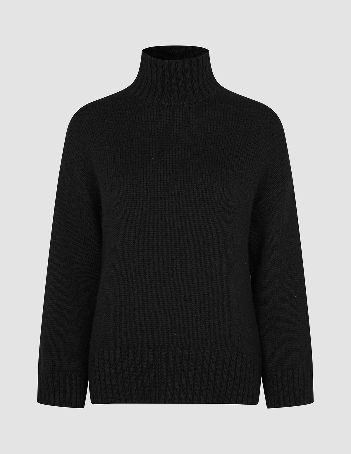 Damen-Rollkragenpullover aus dicker, weicher Wolle – schwarzer Merinowollpullover mit gerippten Bündchen und Saum.