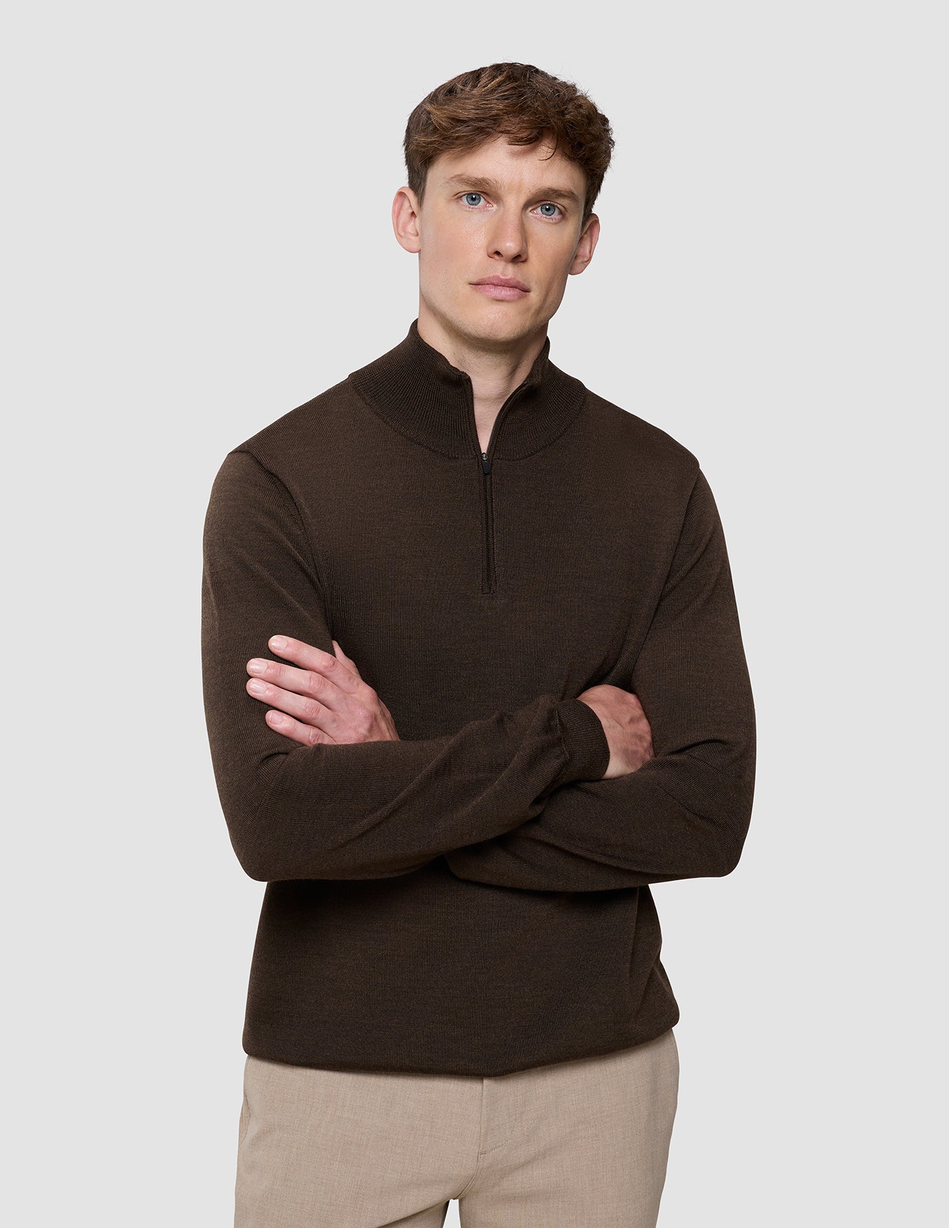 Seamless Premium Merino Knit Half Zip Saddle Brown