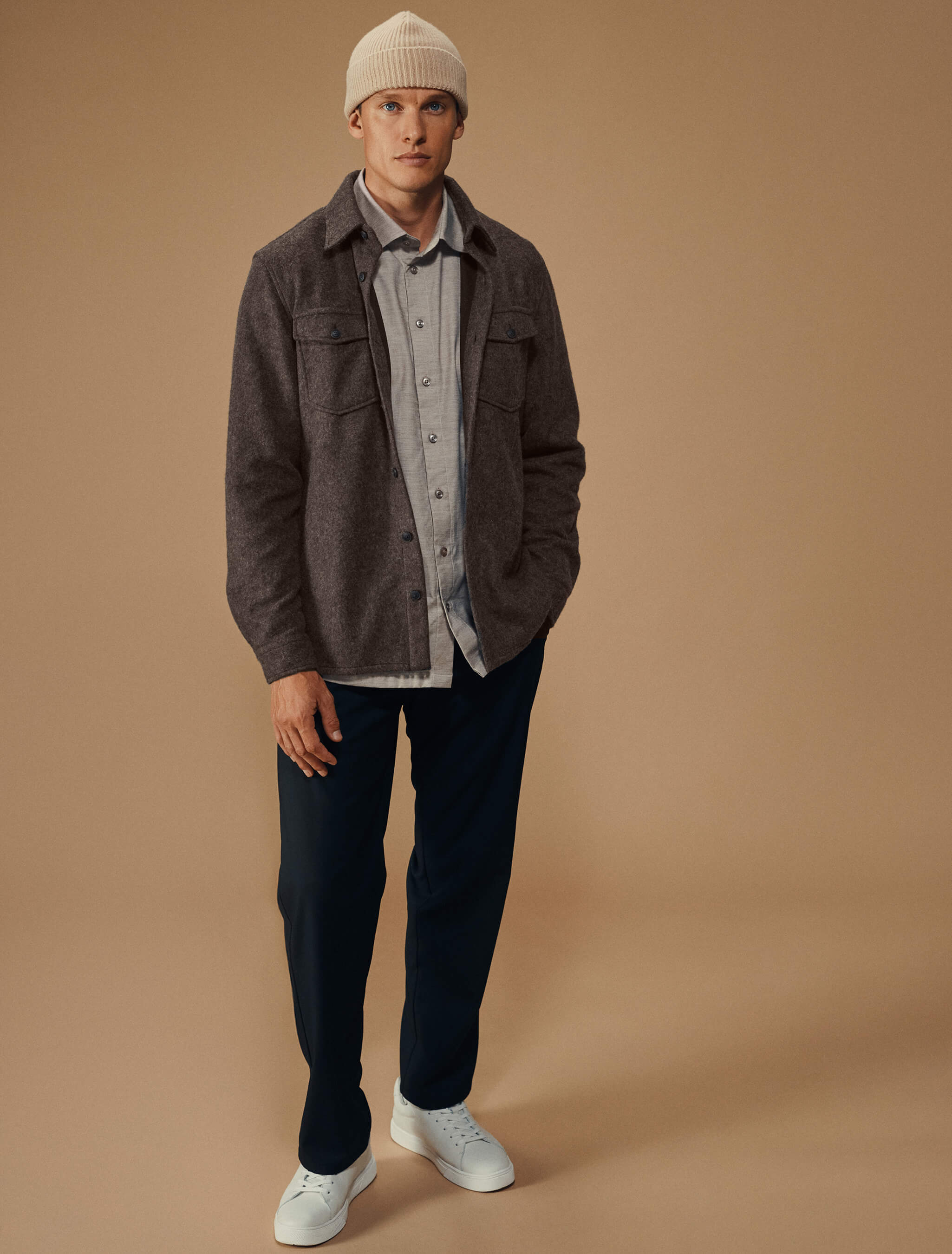 Double Layer Wool Overshirt Saddle Brown