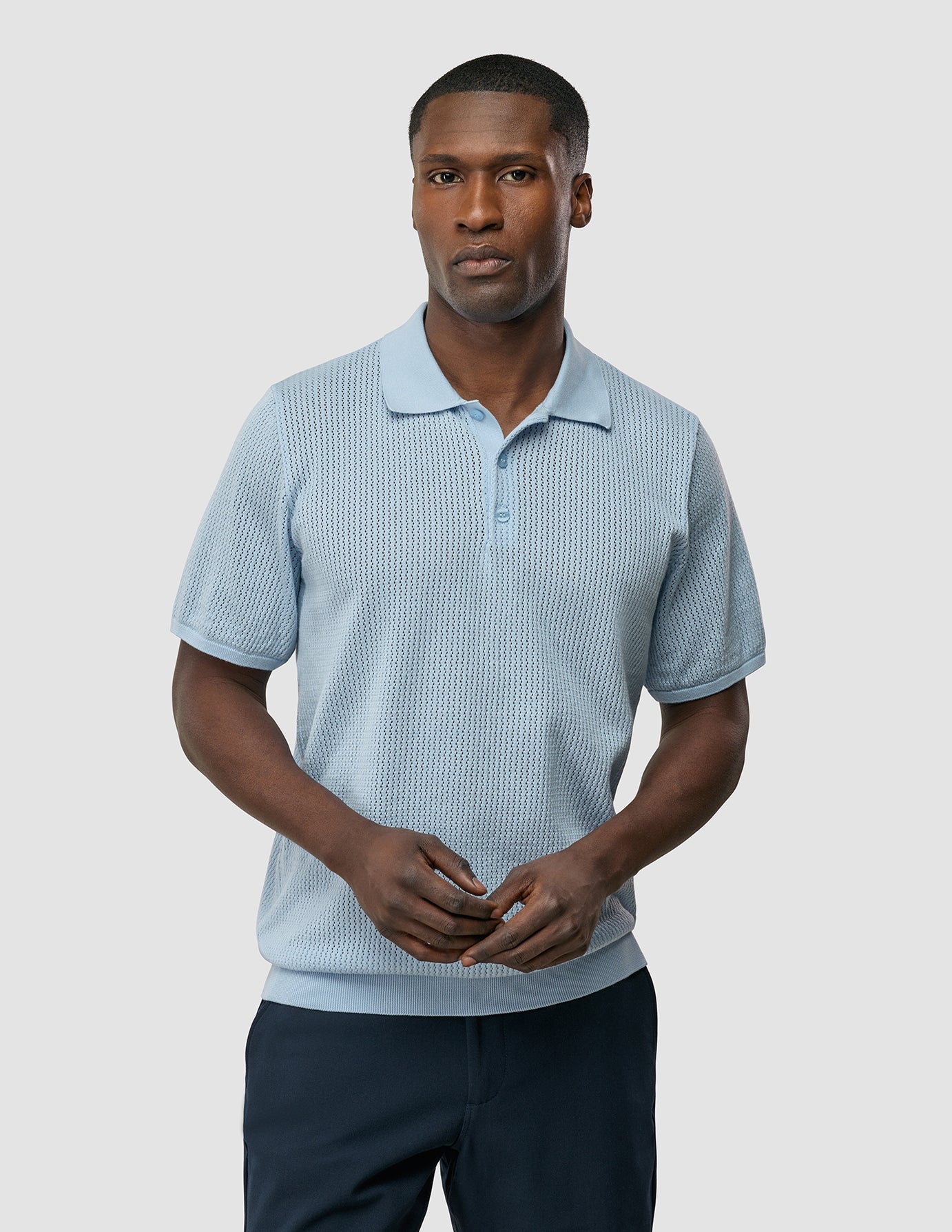 Textured Knitted Short Sleeve Polo Sky Blue