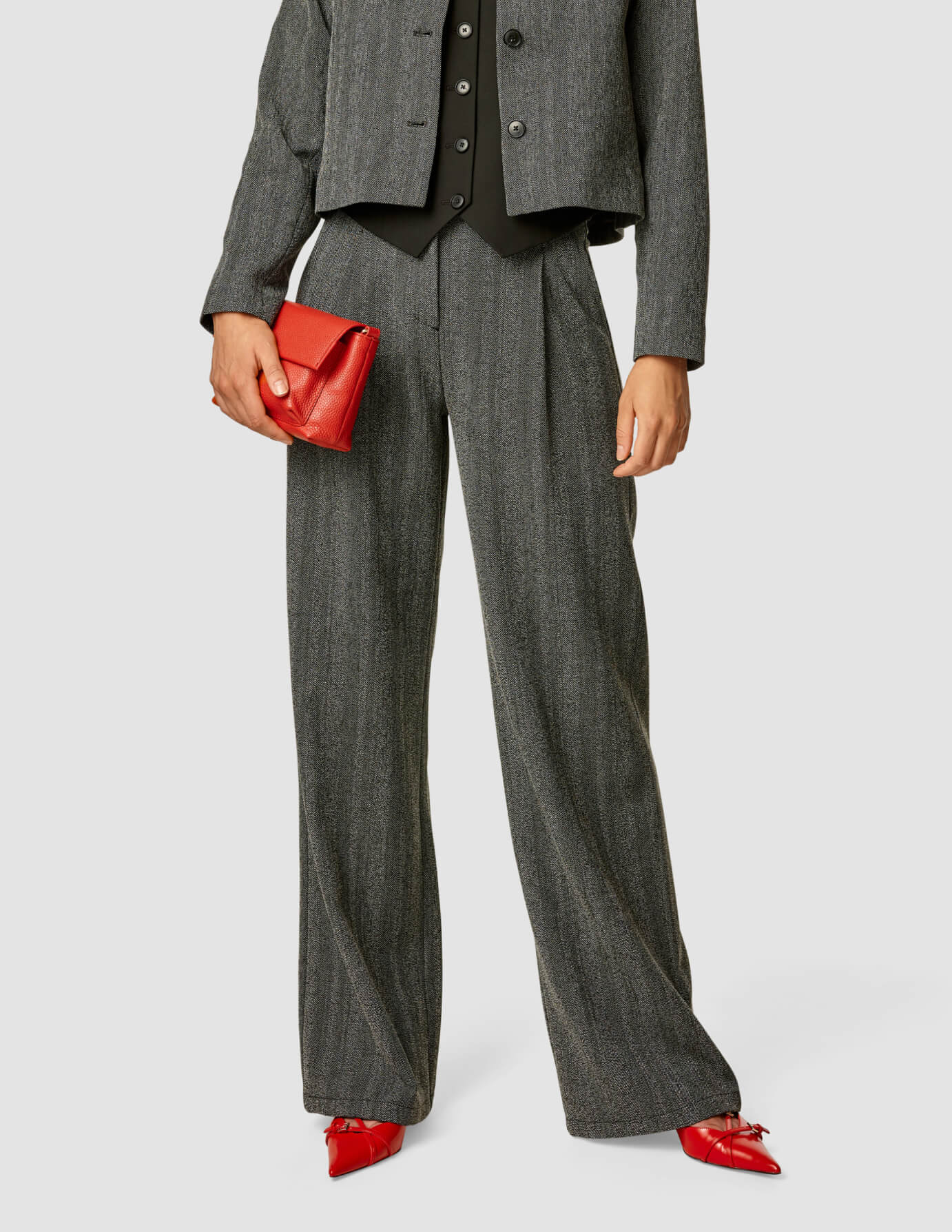 Serene Set Grey Herringbone Short Jacket & Wide Pants