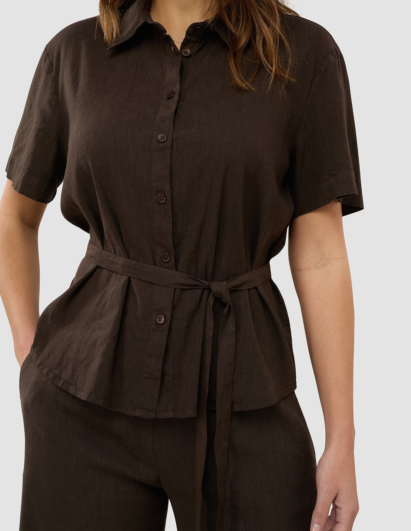 Linen Set Espresso Short Sleeved Shirt & Relaxed Pants