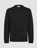Schwarzer Pullover mit Rundhalsausschnitt aus grobem SoftWool-Strick mit gerippten Bündchen und Saum.