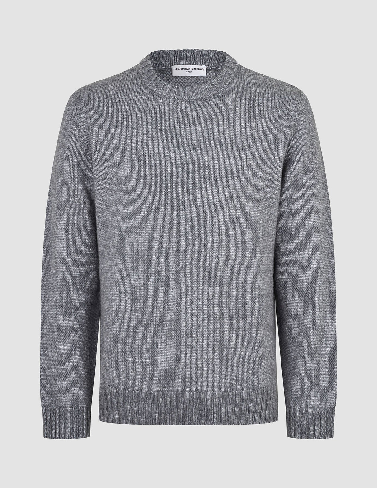 Grobstrick-Pullover aus weicher Wolle in Gletschergrau mit grobem, grauem Rundhalsausschnitt, geripptem Saum und gerippten Bündchen im weichen Grobstrick-Stil.