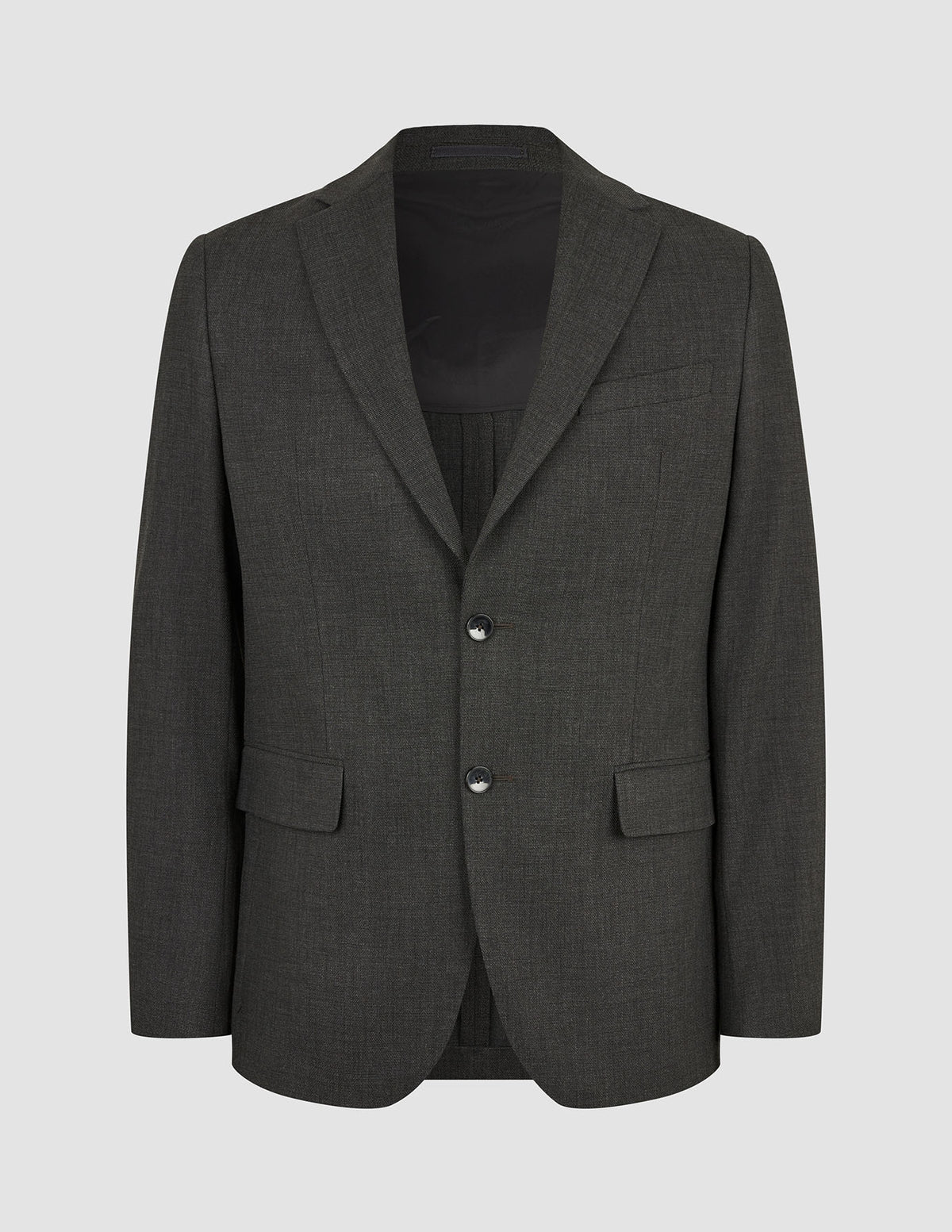 Der Motion Blazer Regular Pepper Grey ist ein anthrazitfarbener Zweiknopf-Blazer mit fallendem Revers, zwei Pattentaschen und atmungsaktivem 360°-Stretch-Stoff in minimalistischem skandinavischem Design.