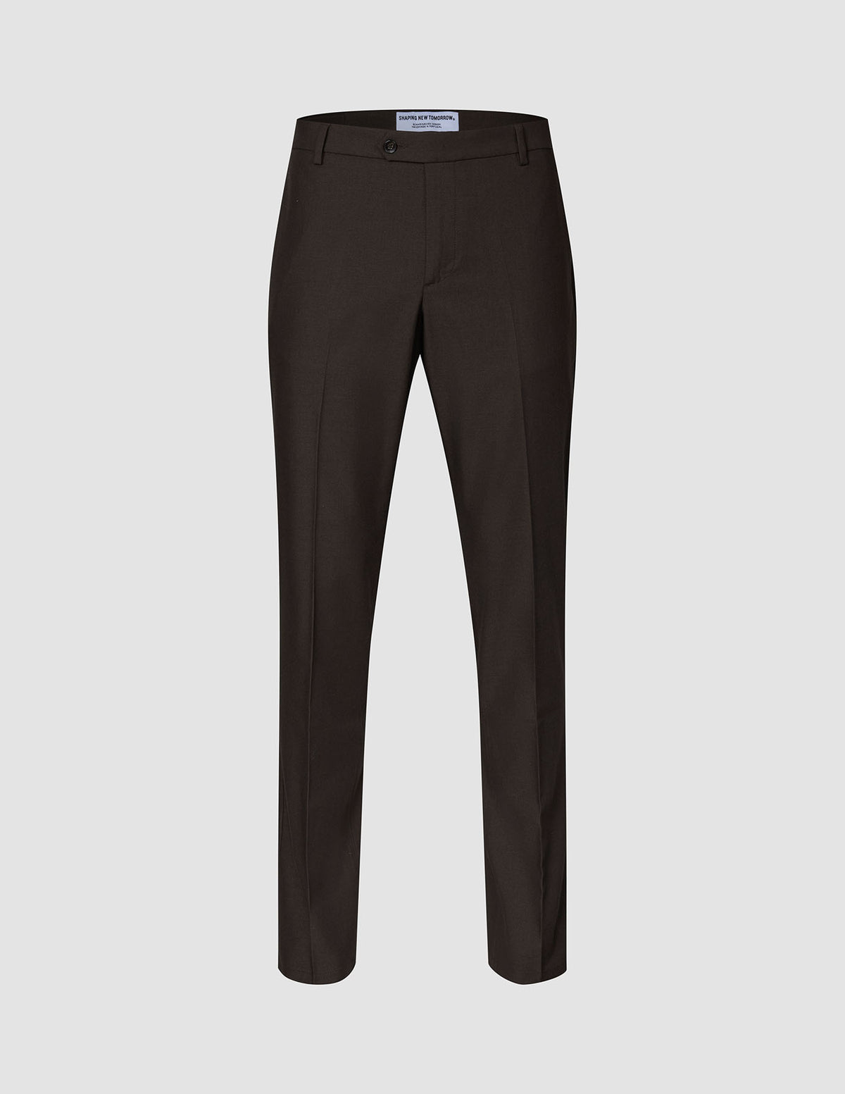 Motion Suit Pants Regular Cognac – dunkelbraune Hose mit Knopfverschluss, Bügelfalten vorne und 360°-Stretch-Passform.