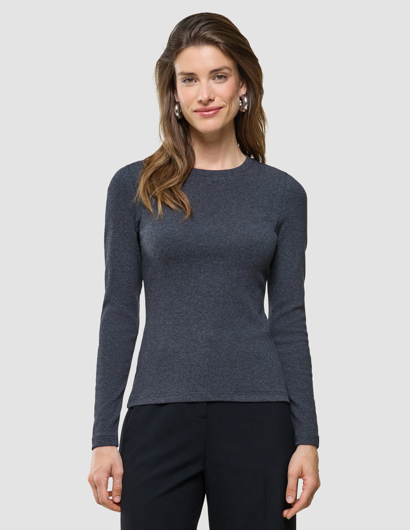 Women Rib T-shirt Long Sleeve Dark Grey Melange