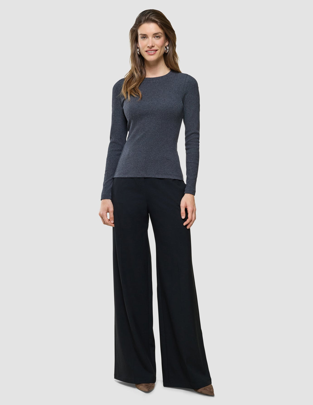 Women Rib T-shirt Long Sleeve Dark Grey Melange