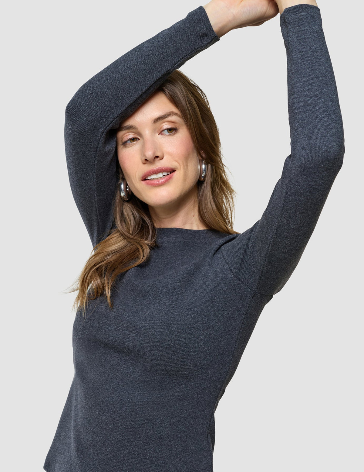 Women Rib T-shirt Long Sleeve Dark Grey Melange