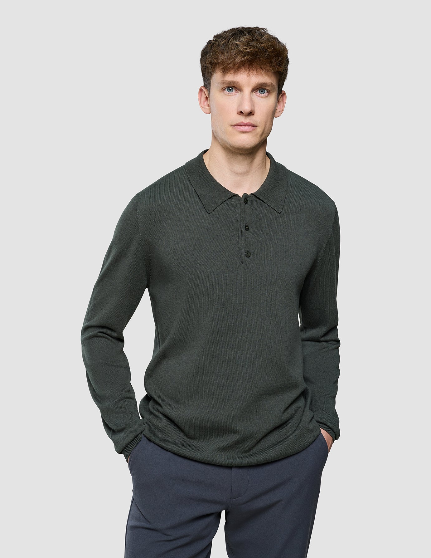 Seamless Core Knit Long Sleeve Polo Green Night