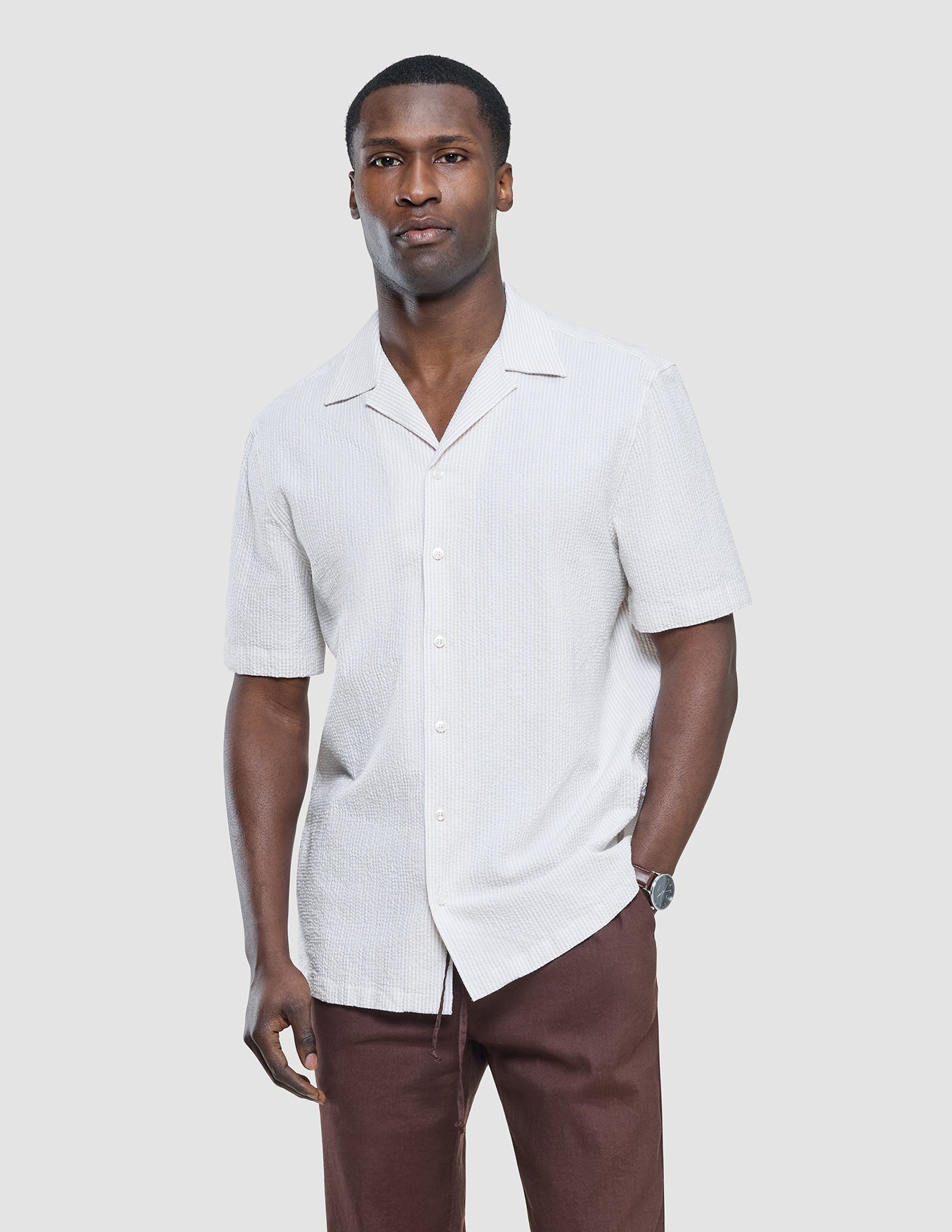 Seersucker Short Sleeve Shirt Cream Stripes