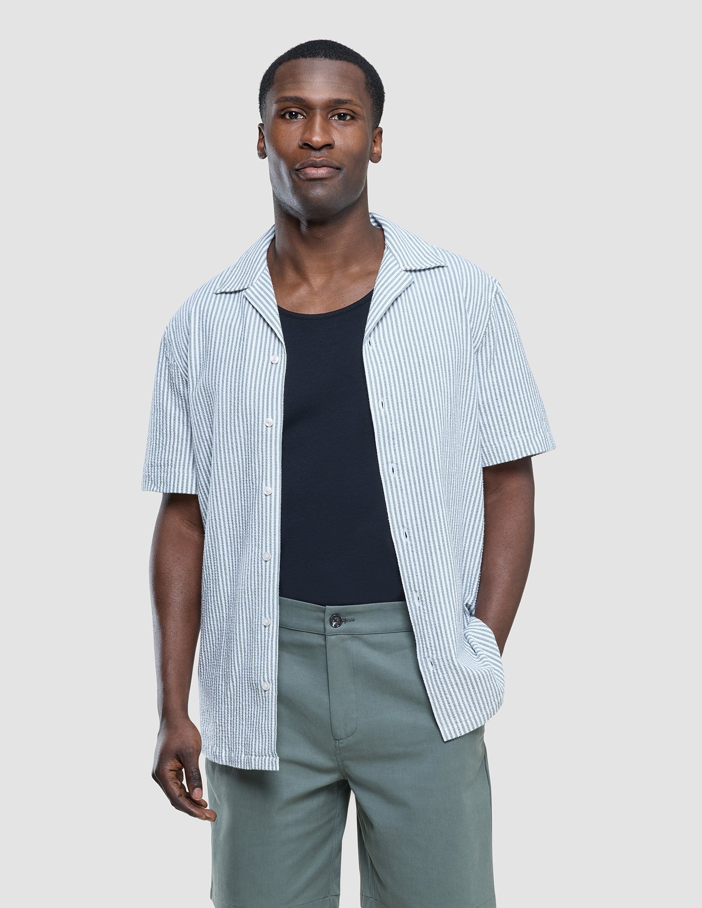 Seersucker Short Sleeve Shirt Green Stripes