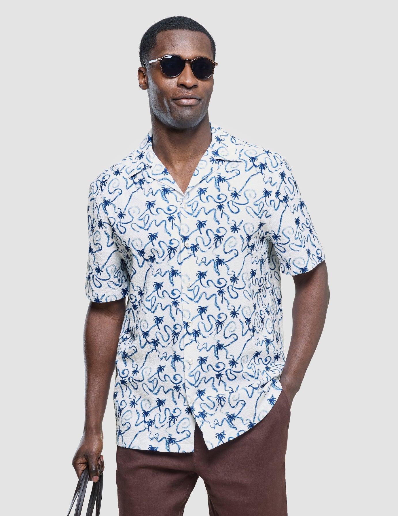 Seersucker Short Sleeve Shirt Navy Palms