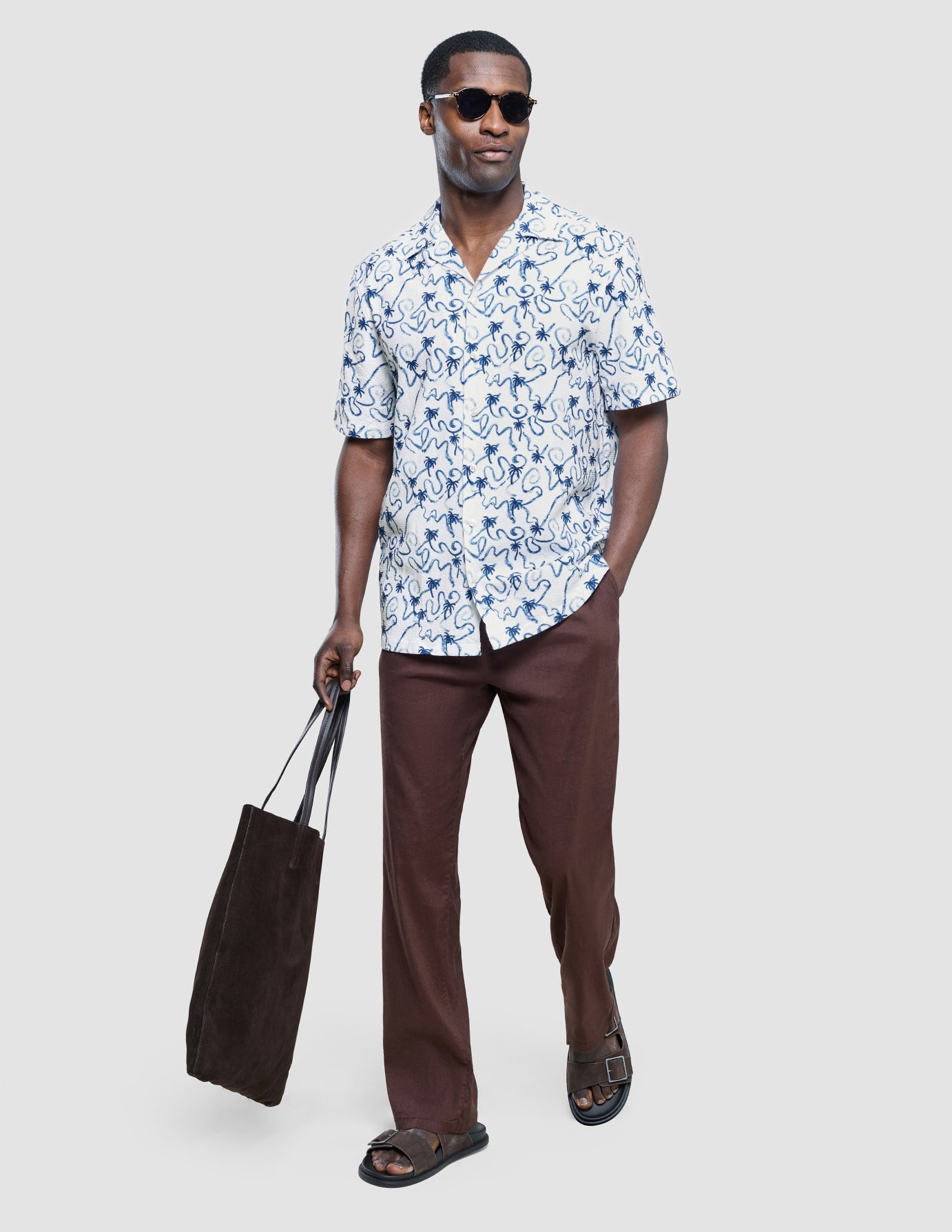 Seersucker Short Sleeve Shirt Navy Palms