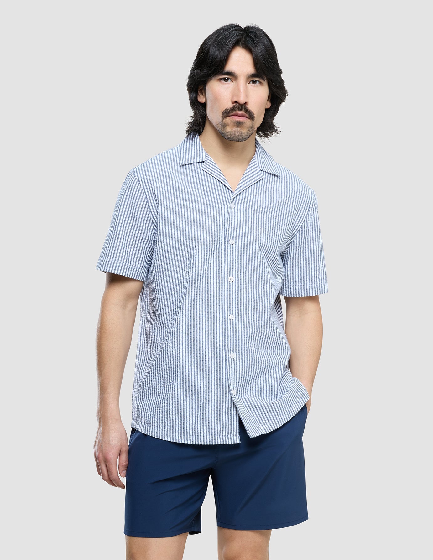 Seersucker Short Sleeve Shirt Navy Stripes