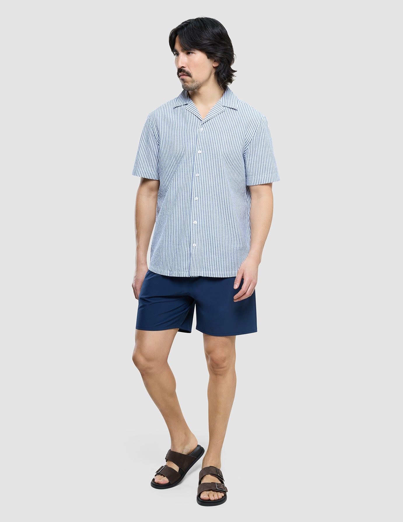 Seersucker Short Sleeve Shirt Navy Stripes