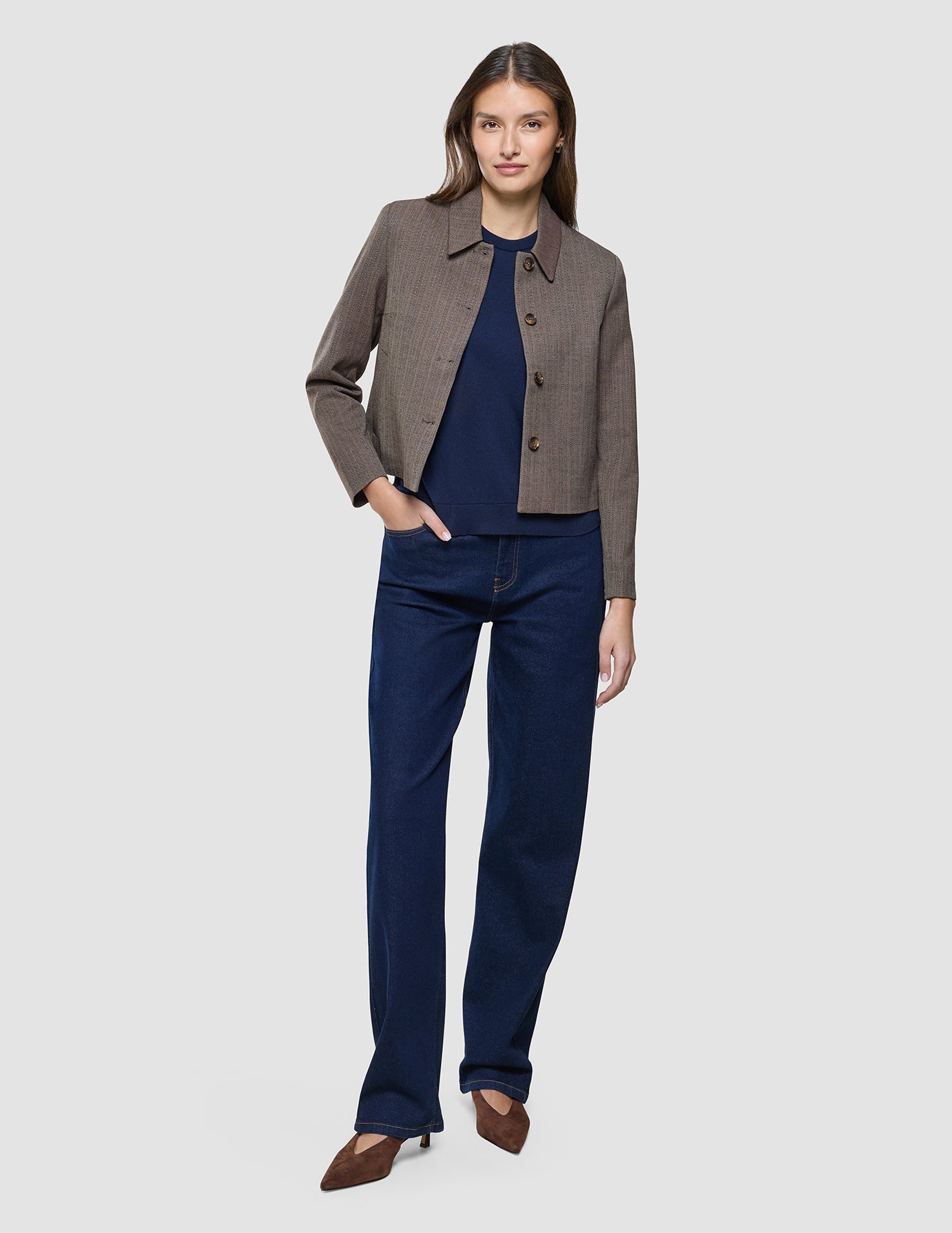 Women Serene Short Jacket Brown Stone Herringbone