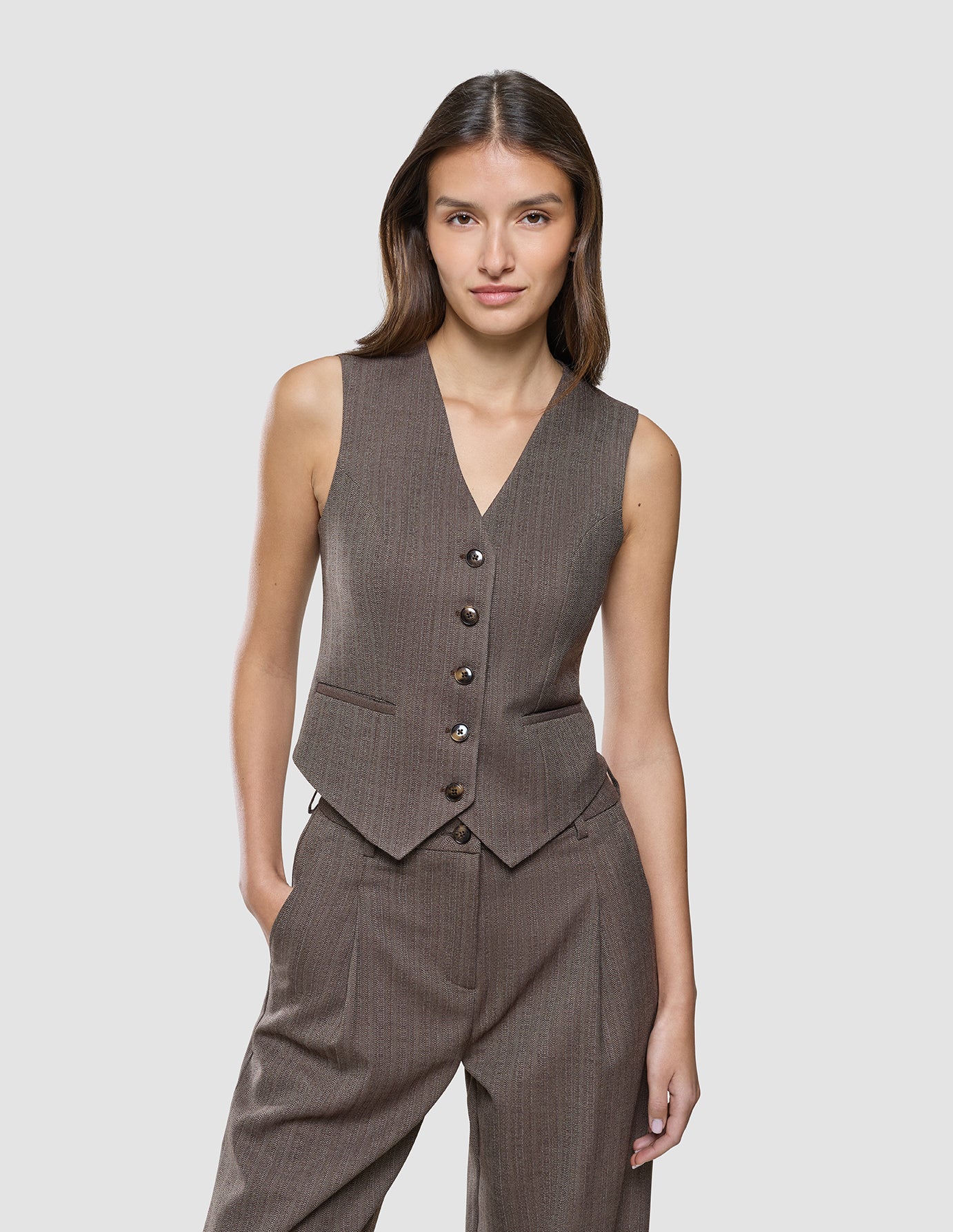 Women Serene Short Vest Brown Stone Herringbone