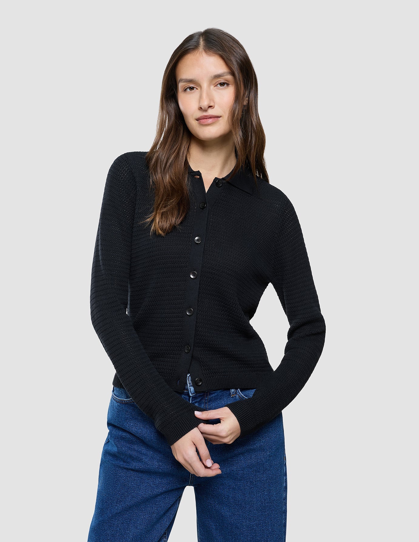 Women Structured Polo Long Sleeve Black