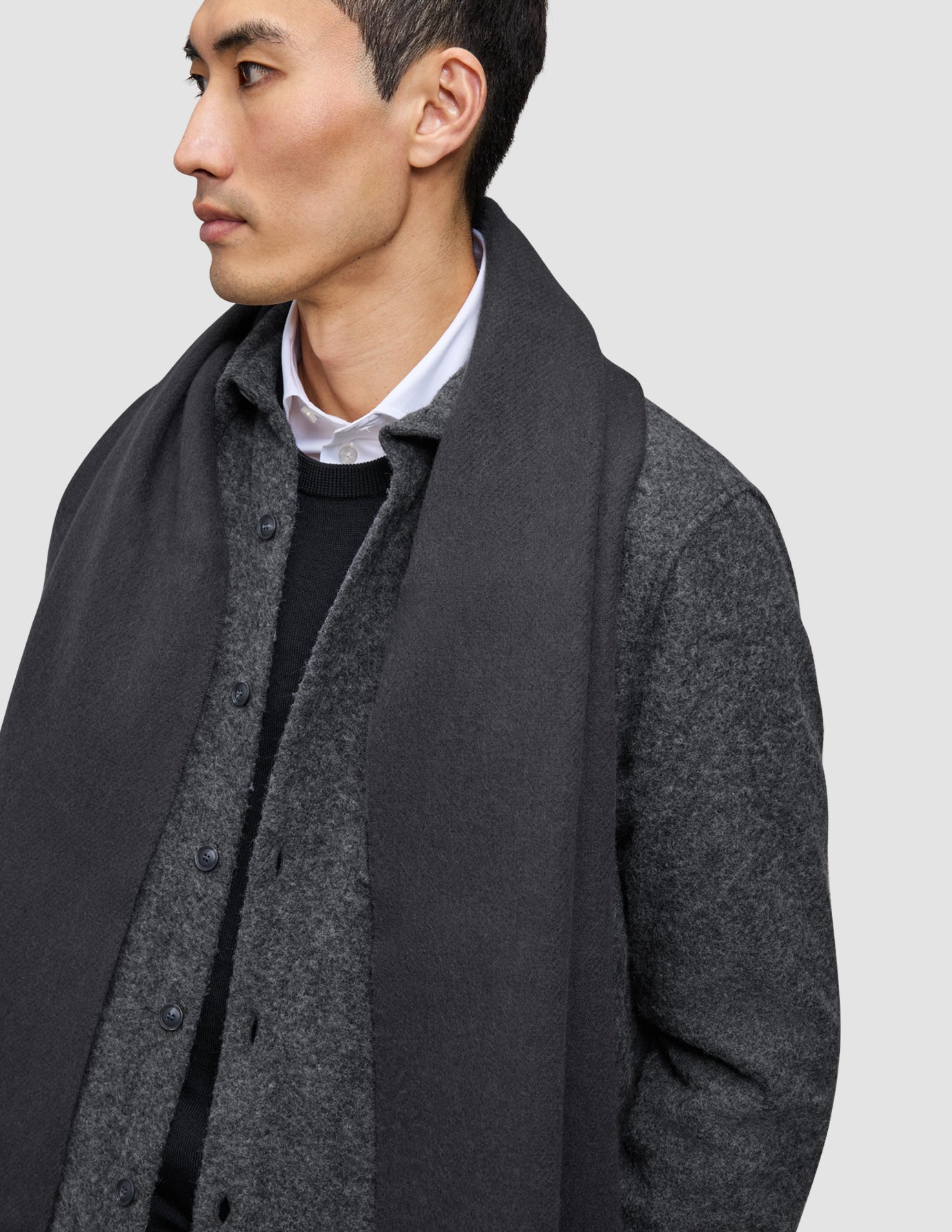 Ein Mann, der ein gelungenes Schichten-Outfit trägt: einen dunkelgrauen Schal über einem doppellagigen Woll-Overshirt, einen schwarzen Pullover und ein weißes Hemd mit Kragen.