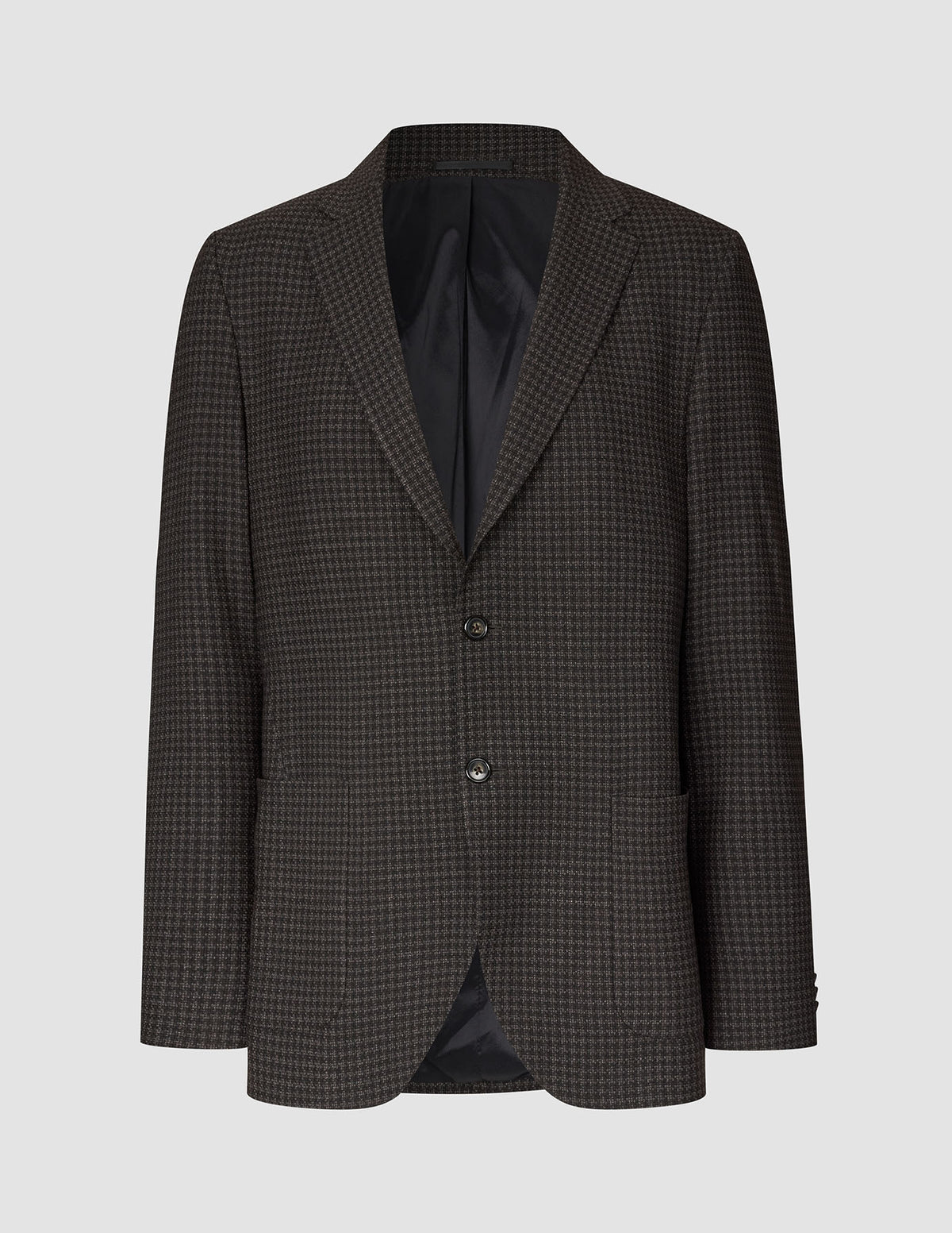 Zeitloser, schmal geschnittener Wollblazer in Dunkelbraun mit Karomuster: dunkelbrauner, schmal geschnittener Blazer mit Zweiknopfverschluss, fallendem Revers und dezentem Hahnentrittmuster.