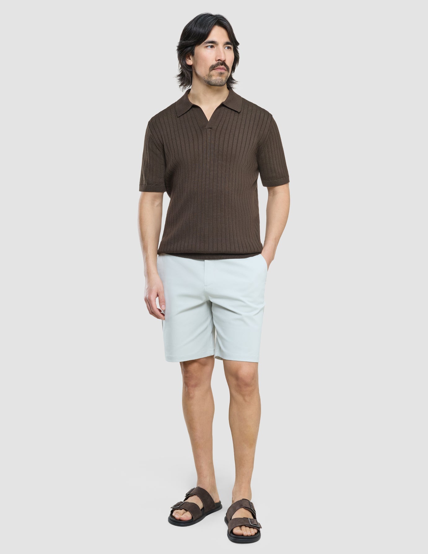 V-Neck Knit Short Sleeve Polo Dark Brown