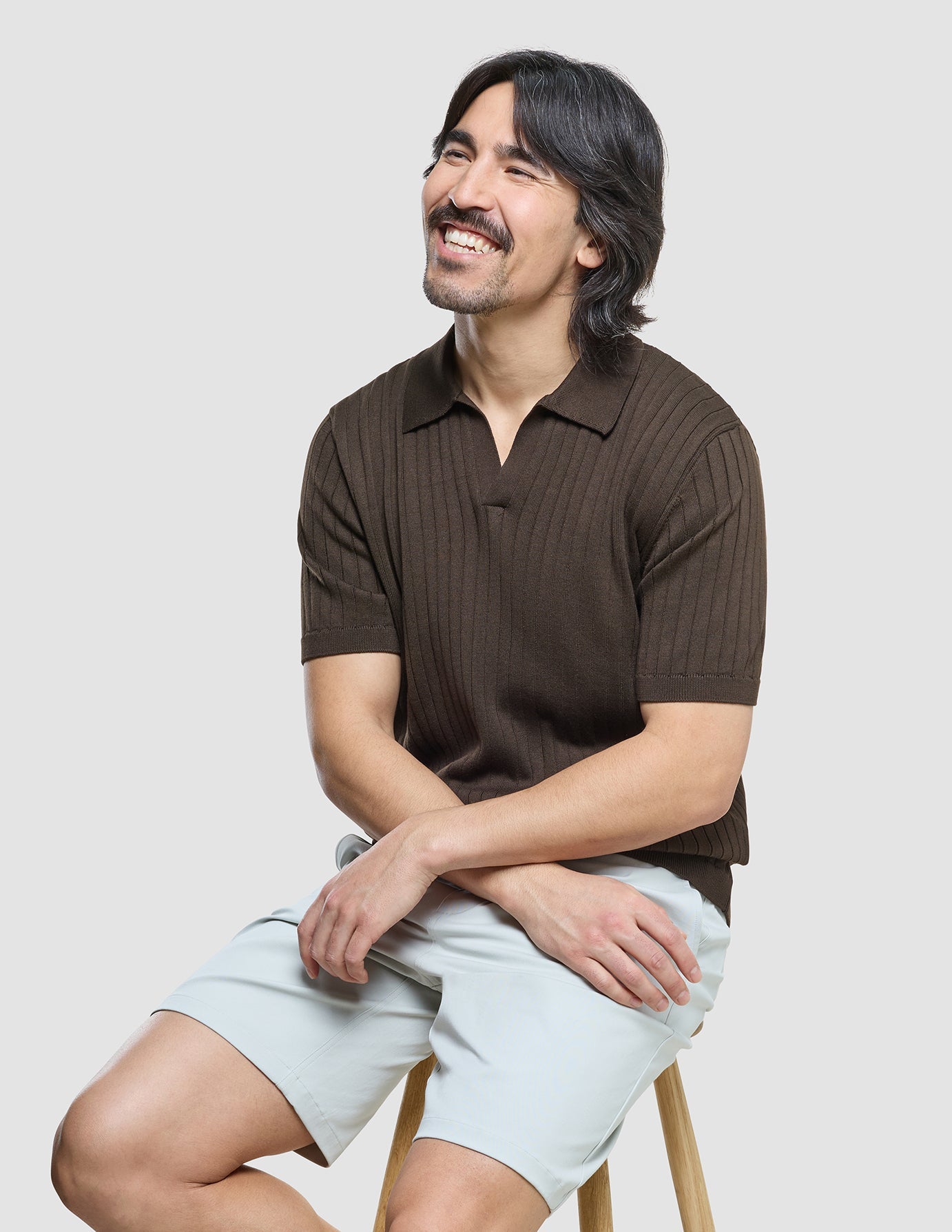 V-Neck Knit Short Sleeve Polo Dark Brown