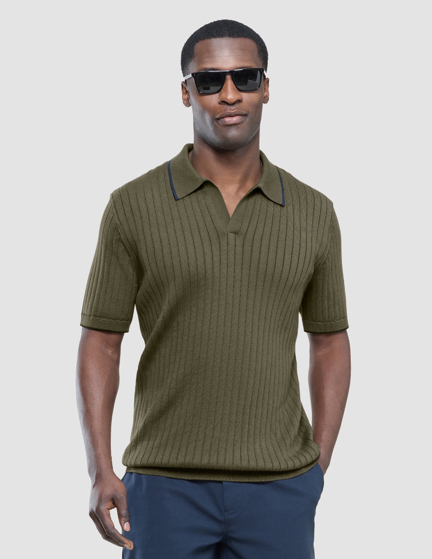 V-Neck Knit Short Sleeve Polo Green Night