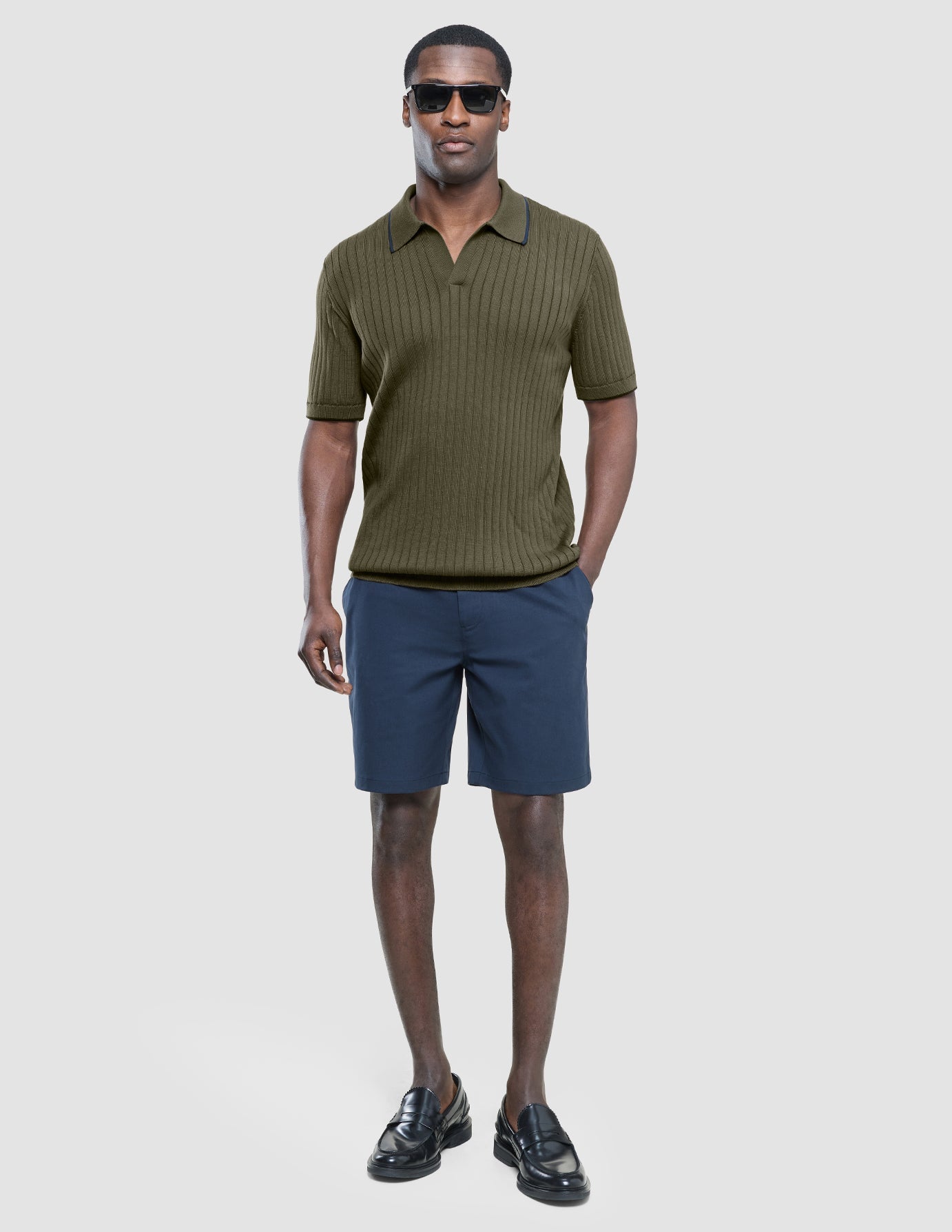V-Neck Knit Short Sleeve Polo Green Night